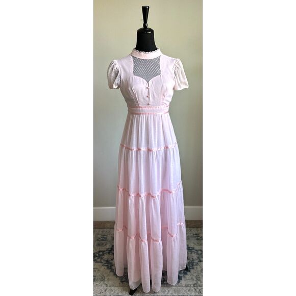 Vintage Dresses & Skirts - Vintage 1970's Candi Jones California Women's Cut Pink Prairie Maxi Dress Size S